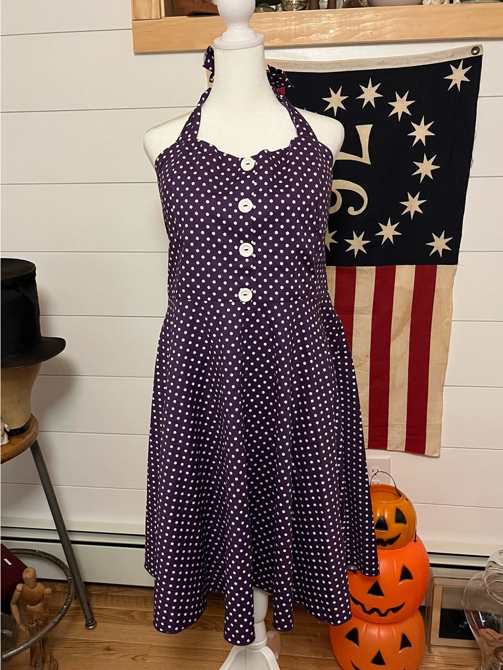 Vintage Dress Pinup Rock A Billy L Purple Halter Retro Swing polka dot smocked
